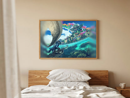 Final Fantasy XIV Dawntrail Vinyl Cover Art poster in a natural oak frame above a bed (horizontal)