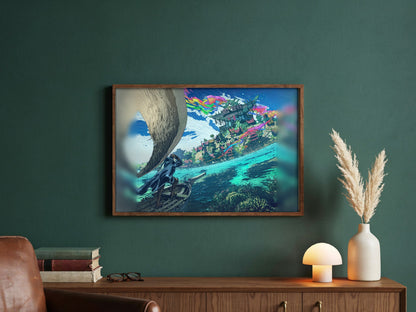 Final Fantasy XIV Dawntrail Vinyl Cover Art poster in a dark walnut frame in a green study (horizontal)
