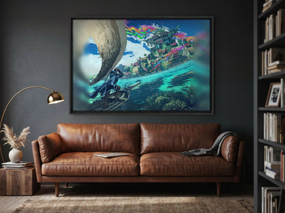 Final Fantasy XIV Dawntrail Vinyl Cover Art as a black floater framed canvas in a media room (horizontal)