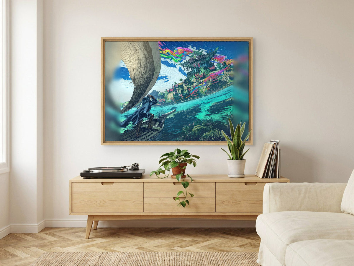 Final Fantasy XIV Dawntrail Vinyl Cover Art as an oak floater framed canvas in a Scandinavian lounge (horizontal)