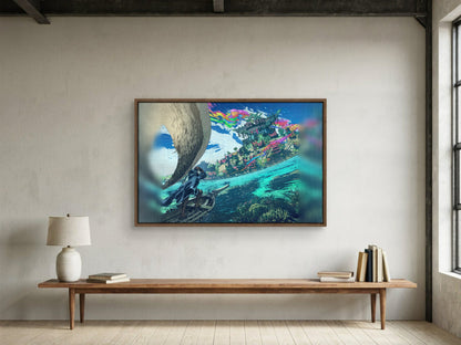 Final Fantasy XIV Dawntrail Vinyl Cover Art as a walnut floater framed canvas in a loft (horizontal)