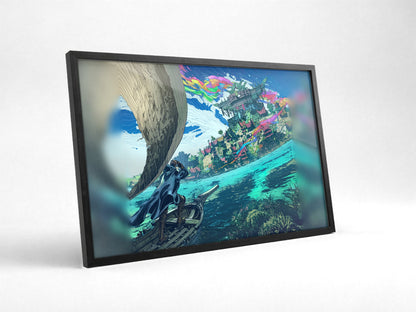 Final Fantasy XIV Dawntrail Vinyl Cover Art poster in a black frame with glass leaning against a wall (horizontal)
