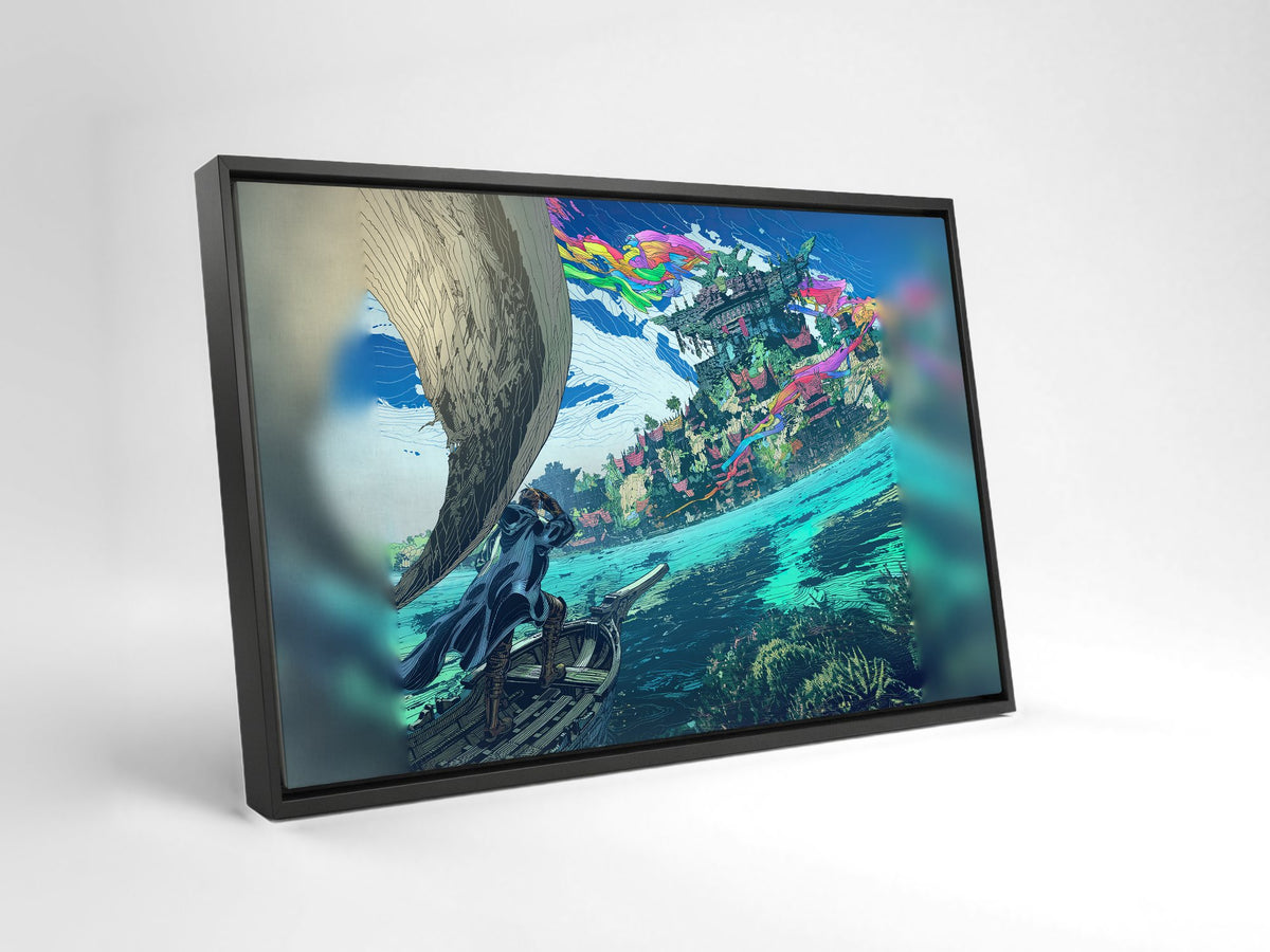 Final Fantasy XIV Dawntrail Vinyl Cover Art as a black floater framed canvas leaning against a wall (horizontal)