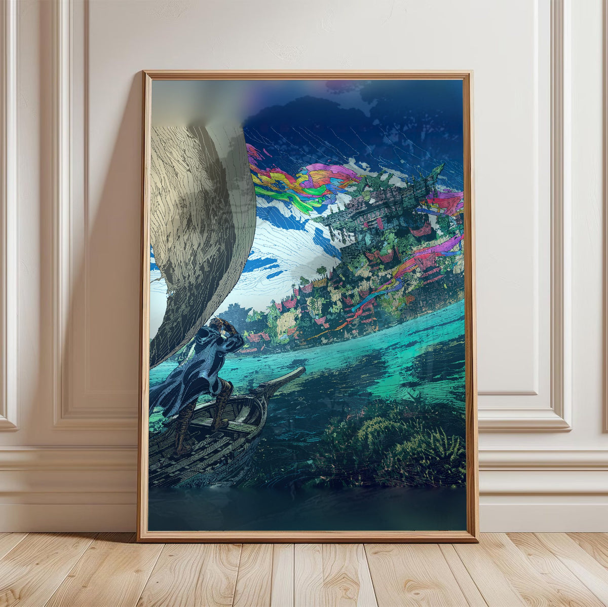 Final Fantasy XIV Dawntrail Vinyl Cover Art poster in a light oak frame leaning against a white wall (vertical)