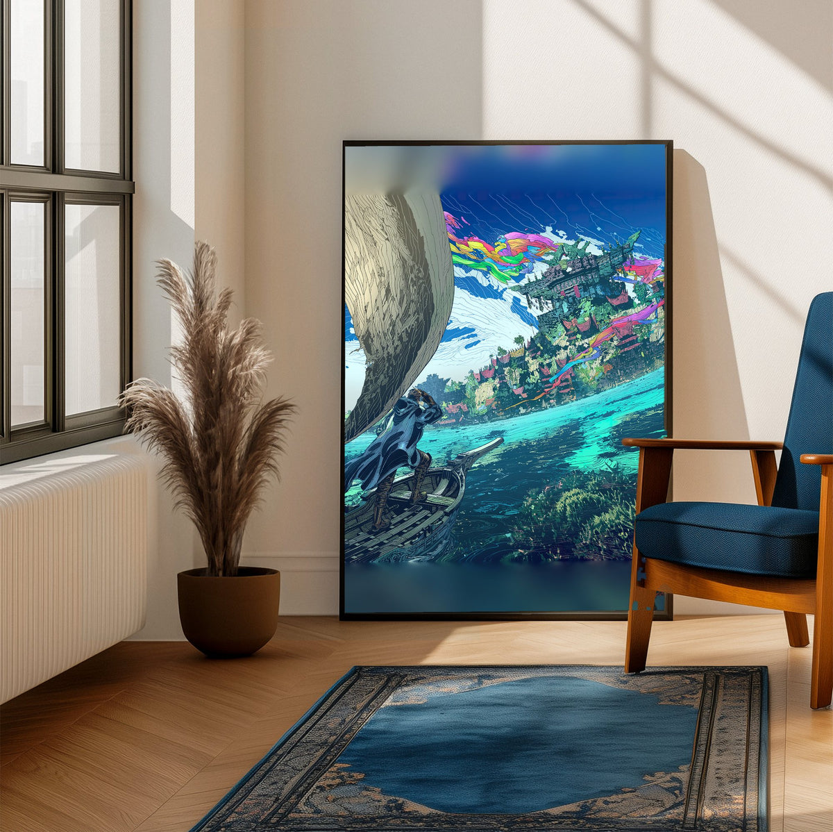 Final Fantasy XIV Dawntrail Vinyl Cover Art poster framed beside a blue armchair in a sunlit room (vertical)