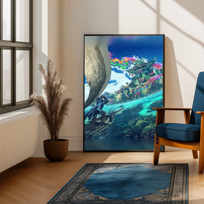 Final Fantasy XIV Dawntrail Vinyl Cover Art poster framed beside a blue armchair in a sunlit room (vertical)