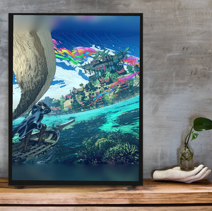 Final Fantasy XIV Dawntrail Vinyl Cover Art poster in a black frame on a wooden shelf against concrete (vertical)