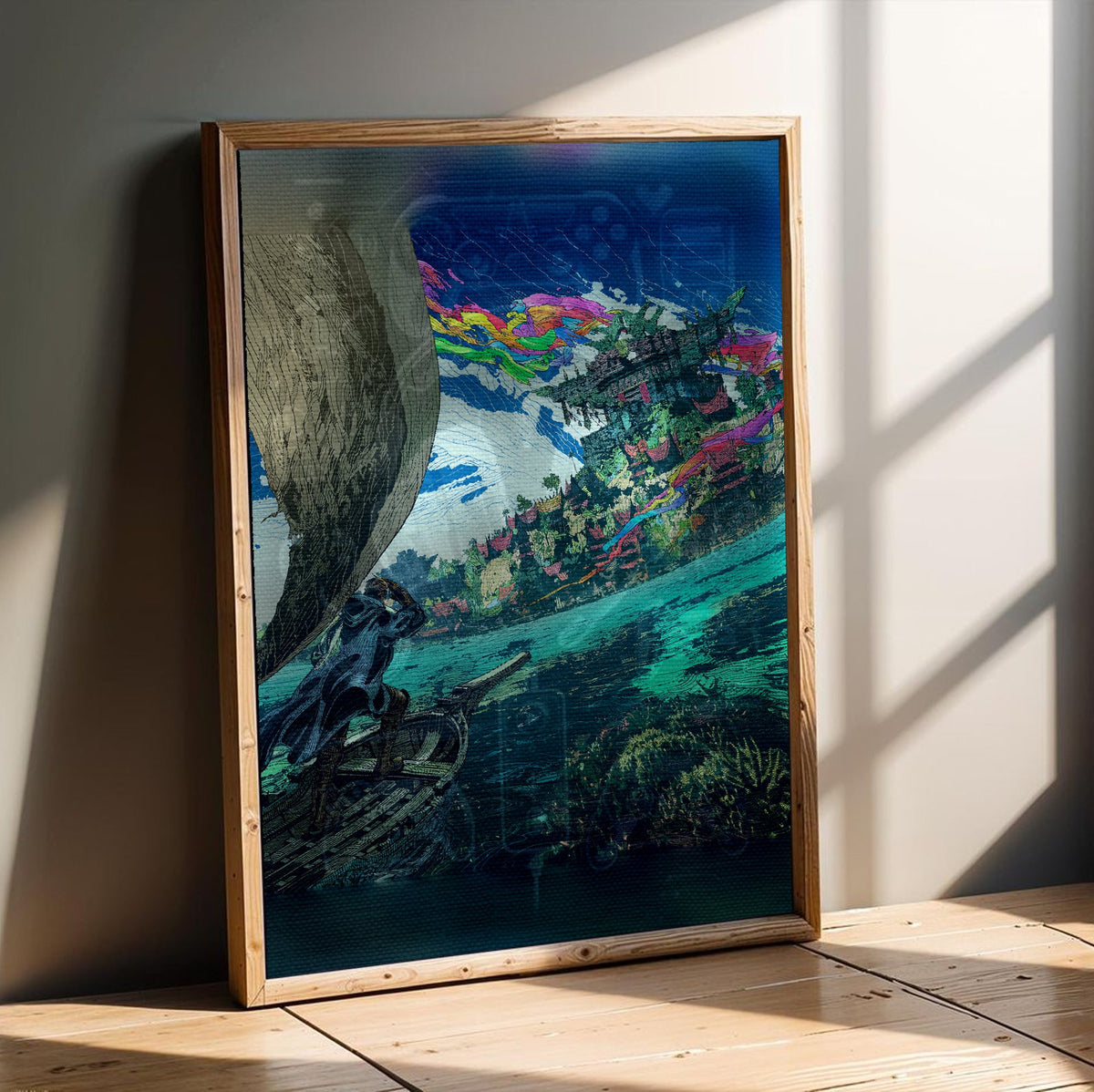 Final Fantasy XIV Dawntrail Vinyl Cover Art poster in an oak frame leaning on a wooden floor (vertical)