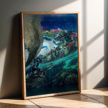 Final Fantasy XIV Dawntrail Vinyl Cover Art poster in an oak frame leaning on a wooden floor (vertical)