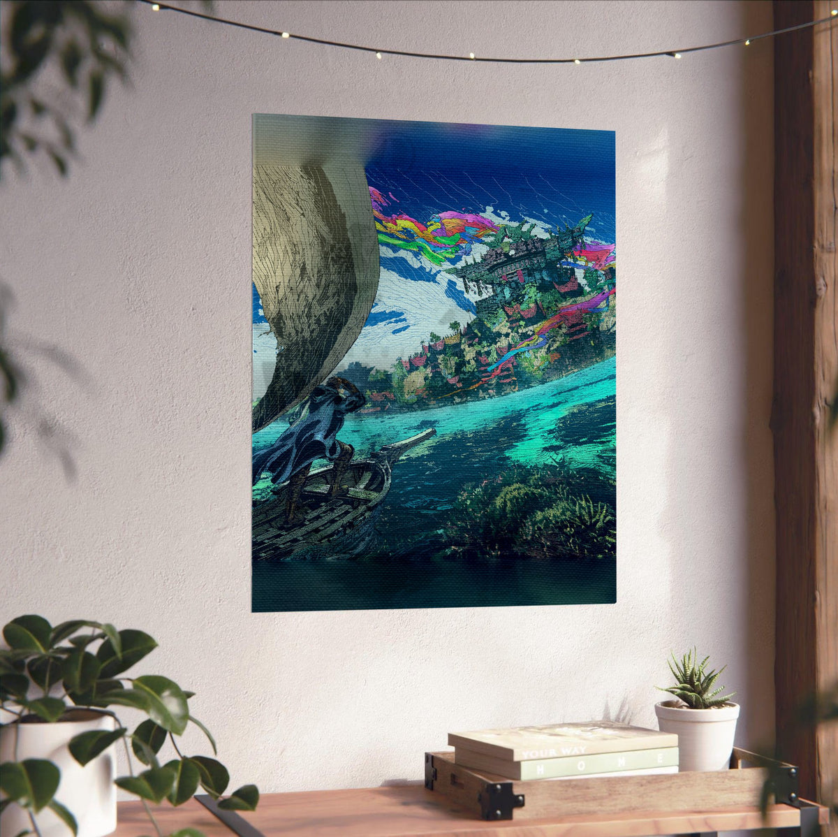 Final Fantasy XIV Dawntrail Vinyl Cover Art poster unframed on a white wall above a desk (vertical)