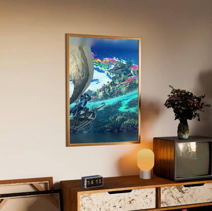 Final Fantasy XIV Dawntrail Vinyl Cover Art poster in an oak frame above a sideboard (vertical)