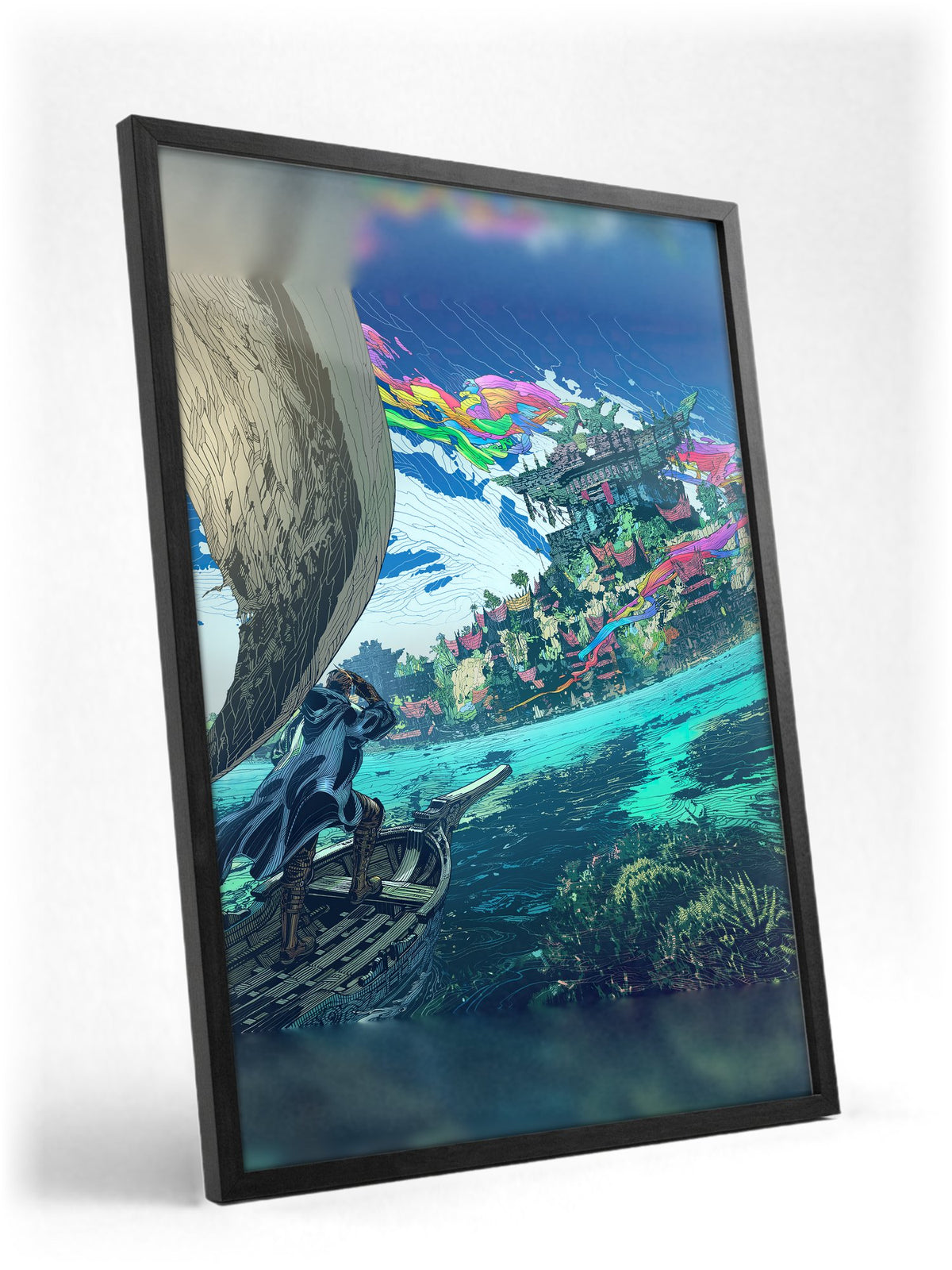 Final Fantasy XIV Dawntrail Vinyl Cover Art poster in a black frame with glass leaning against a wall (vertical)