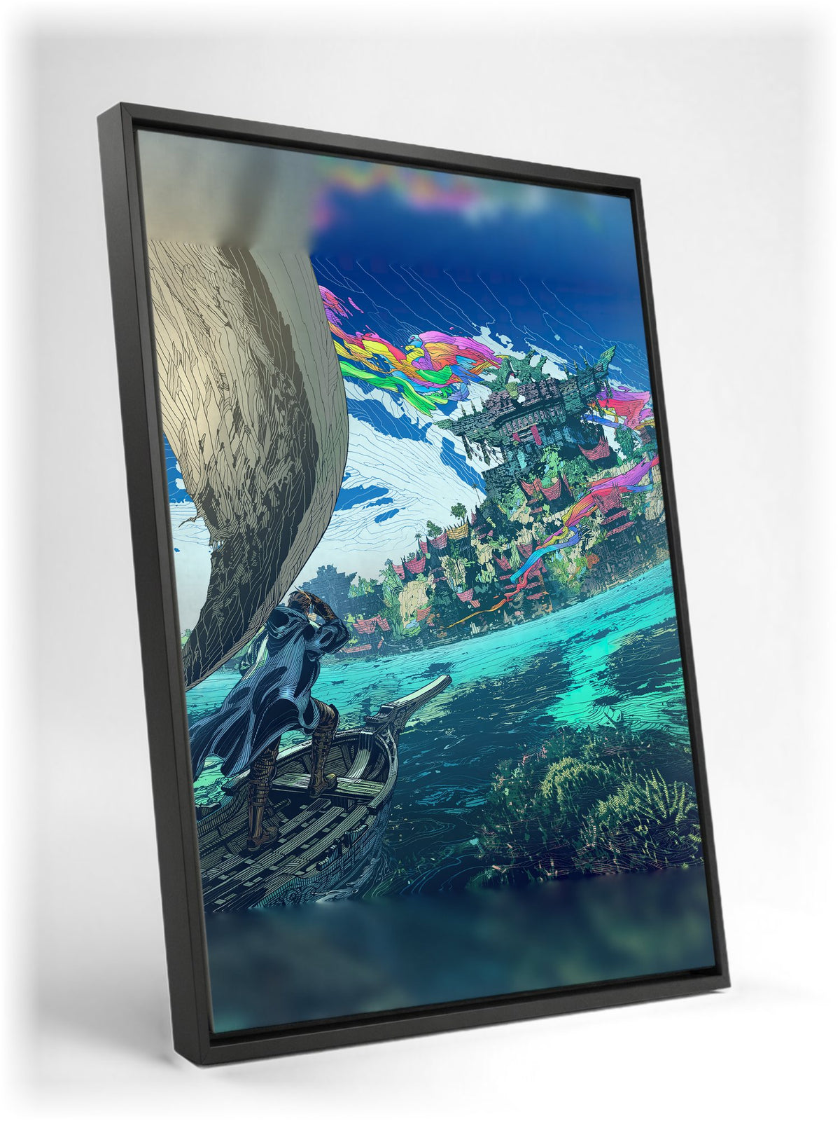 Final Fantasy XIV Dawntrail Vinyl Cover Art as a black floater framed canvas leaning against a wall (vertical)