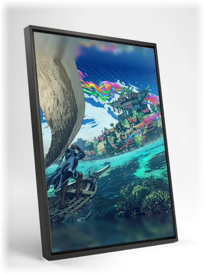 Final Fantasy XIV Dawntrail Vinyl Cover Art as a black floater framed canvas leaning against a wall (vertical)