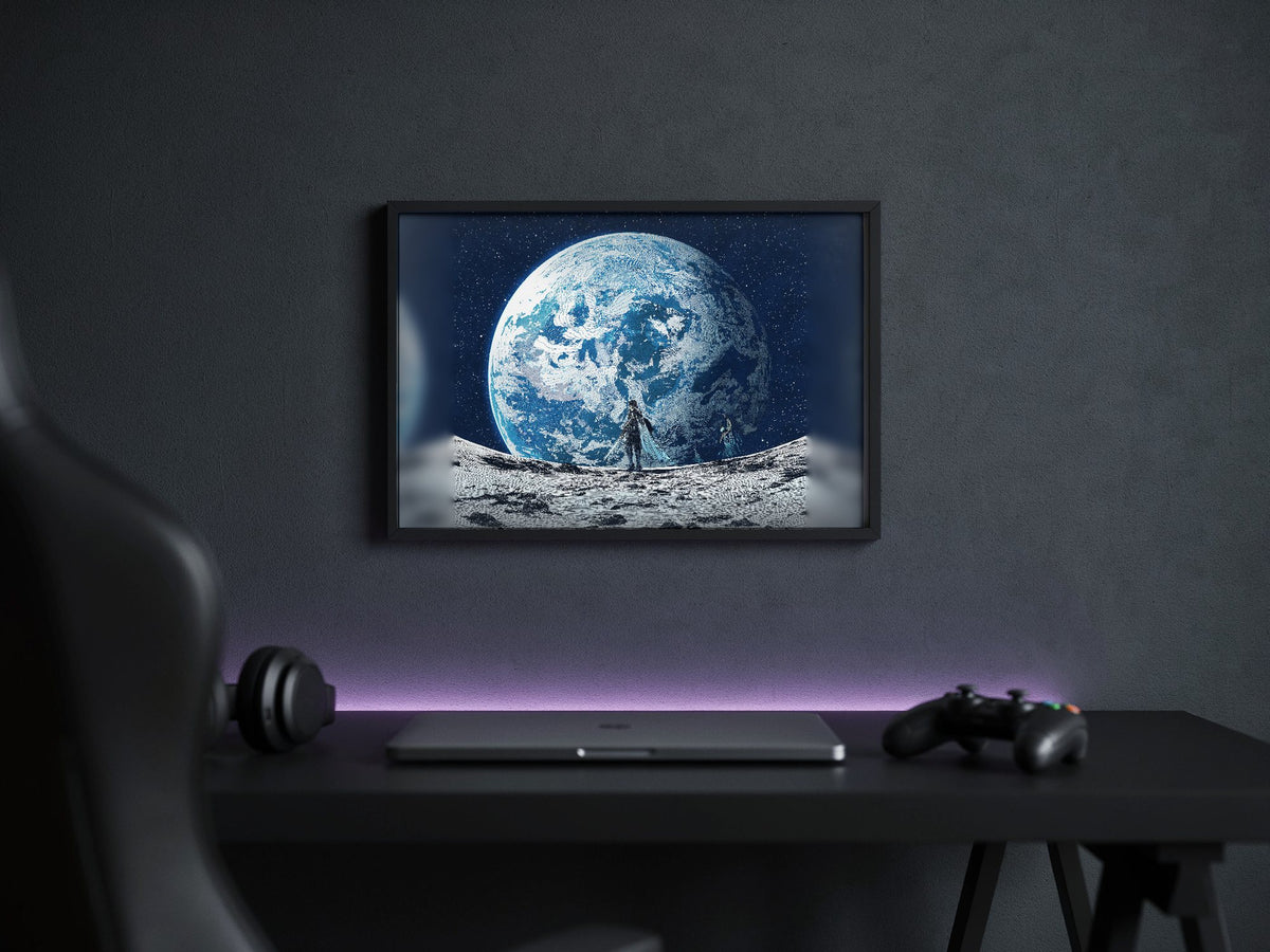Final Fantasy XIV Endwalker Vinyl Single Art poster in a black frame above a gaming desk (horizontal)