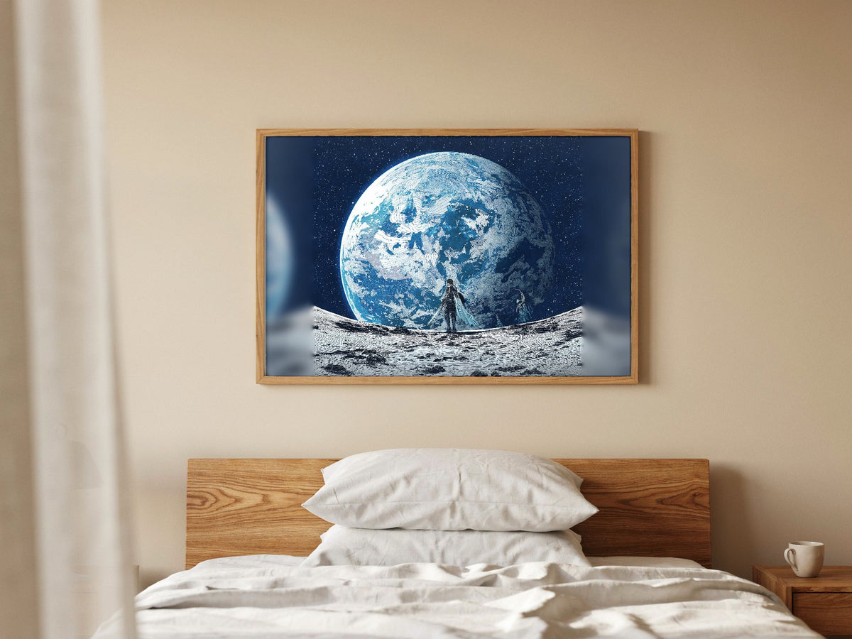 Final Fantasy XIV Endwalker Vinyl Single Art poster in a natural oak frame above a bed (horizontal)