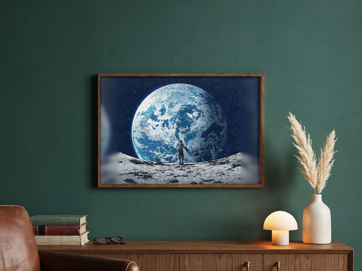 Final Fantasy XIV Endwalker Vinyl Single Art poster in a dark walnut frame in a green study (horizontal)
