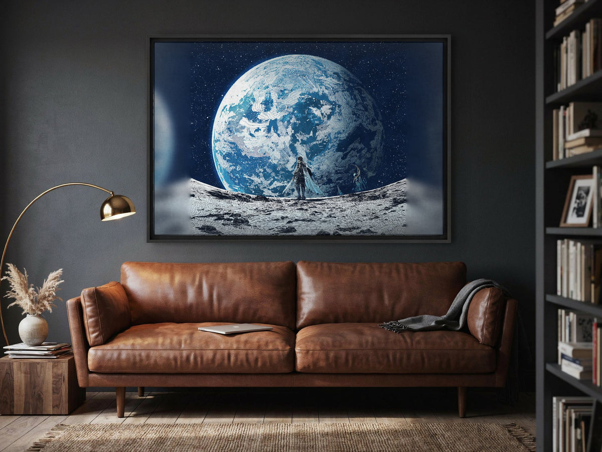 Final Fantasy XIV Endwalker Vinyl Single Art as a black floater framed canvas in a media room (horizontal)