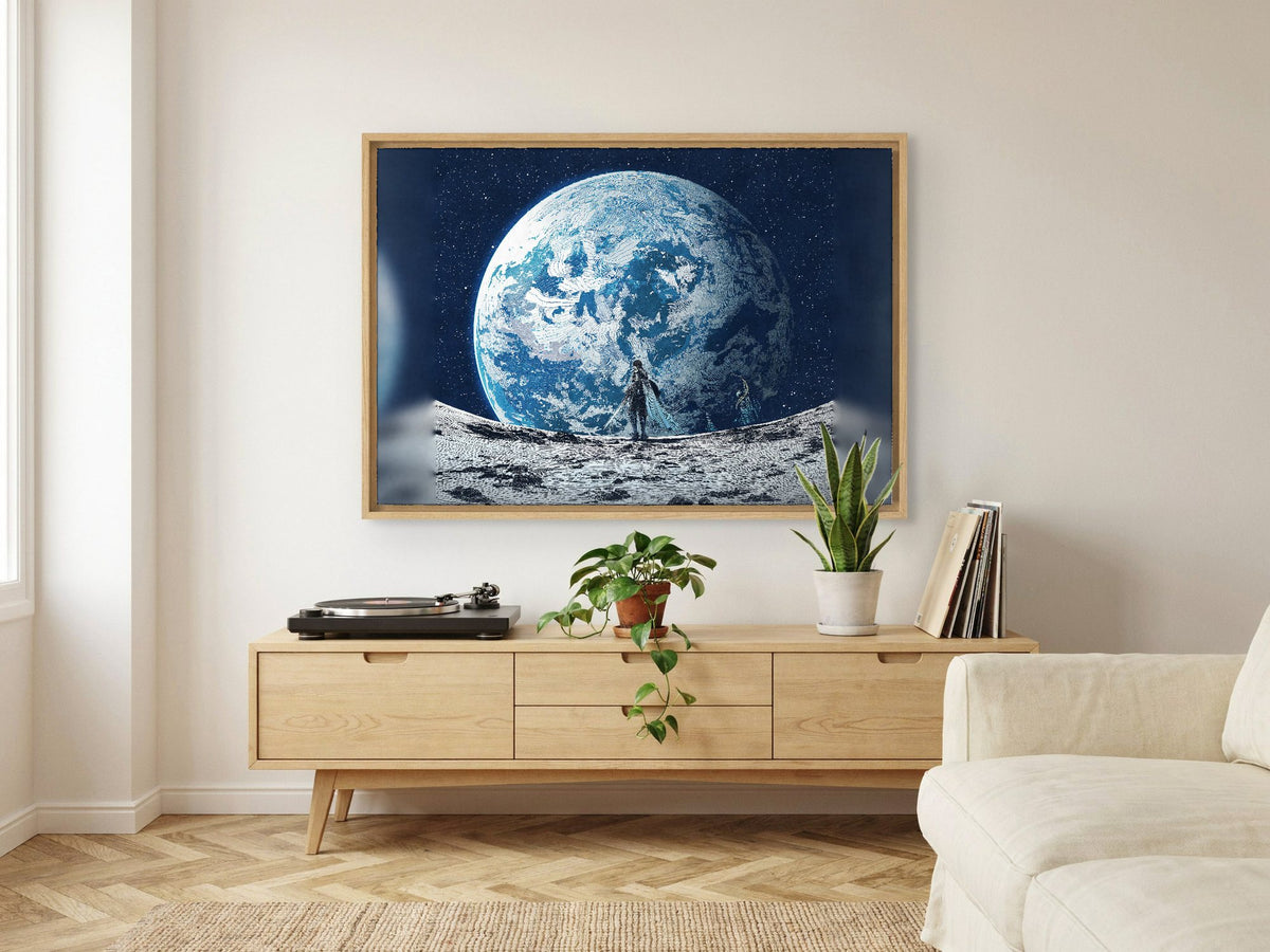 Final Fantasy XIV Endwalker Vinyl Single Art as an oak floater framed canvas in a Scandinavian lounge (horizontal)