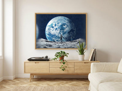 Final Fantasy XIV Endwalker Vinyl Single Art as an oak floater framed canvas in a Scandinavian lounge (horizontal)