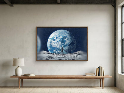 Final Fantasy XIV Endwalker Vinyl Single Art as a walnut floater framed canvas in a loft (horizontal)