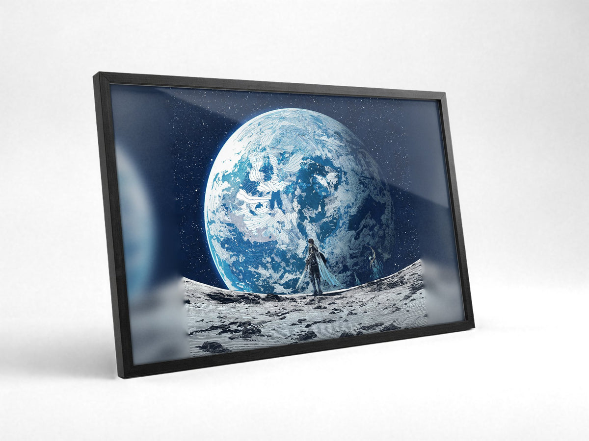 Final Fantasy XIV Endwalker Vinyl Single Art poster in a black frame with glass leaning against a wall (horizontal)