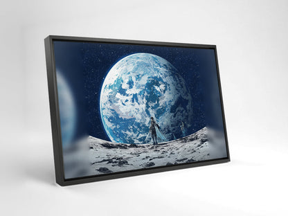 Final Fantasy XIV Endwalker Vinyl Single Art as a black floater framed canvas leaning against a wall (horizontal)