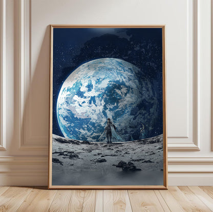 Final Fantasy XIV Endwalker Vinyl Single Art poster in a light oak frame leaning against a white wall (vertical)