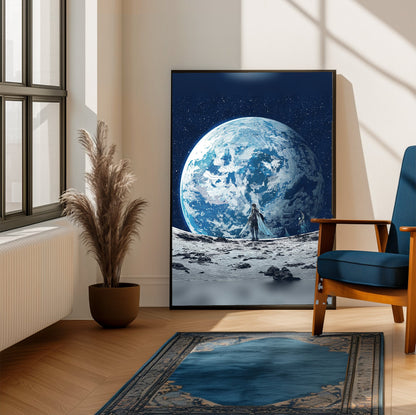 Final Fantasy XIV Endwalker Vinyl Single Art poster framed beside a blue armchair in a sunlit room (vertical)