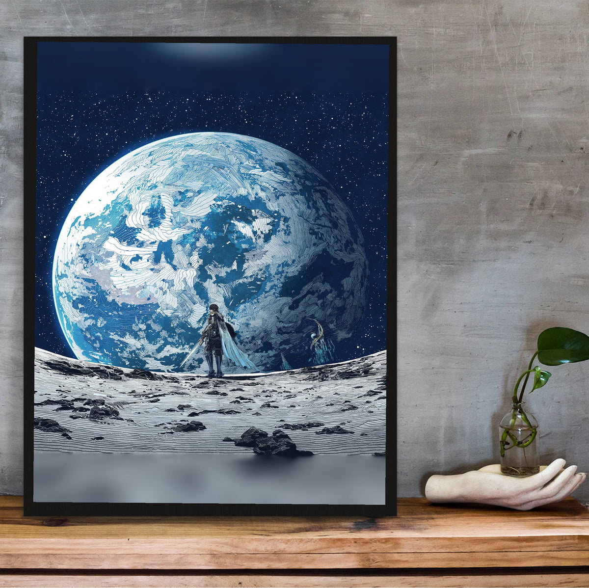 Final Fantasy XIV Endwalker Vinyl Single Art poster in a black frame on a wooden shelf against concrete (vertical)