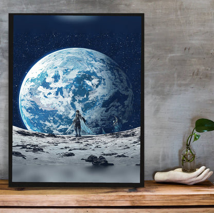 Final Fantasy XIV Endwalker Vinyl Single Art poster in a black frame on a wooden shelf against concrete (vertical)