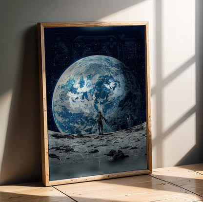 Final Fantasy XIV Endwalker Vinyl Single Art poster in an oak frame leaning on a wooden floor (vertical)