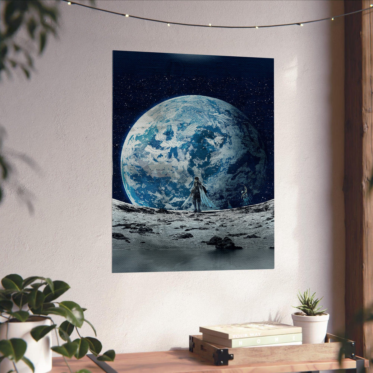Final Fantasy XIV Endwalker Vinyl Single Art poster unframed on a white wall above a desk (vertical)
