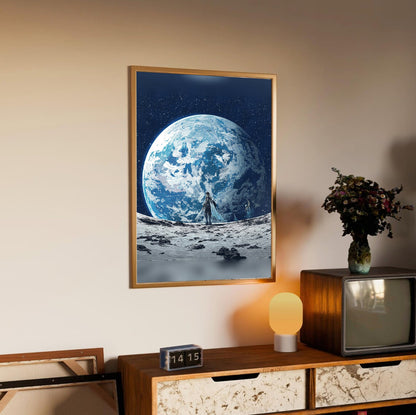 Final Fantasy XIV Endwalker Vinyl Single Art poster in an oak frame above a sideboard (vertical)
