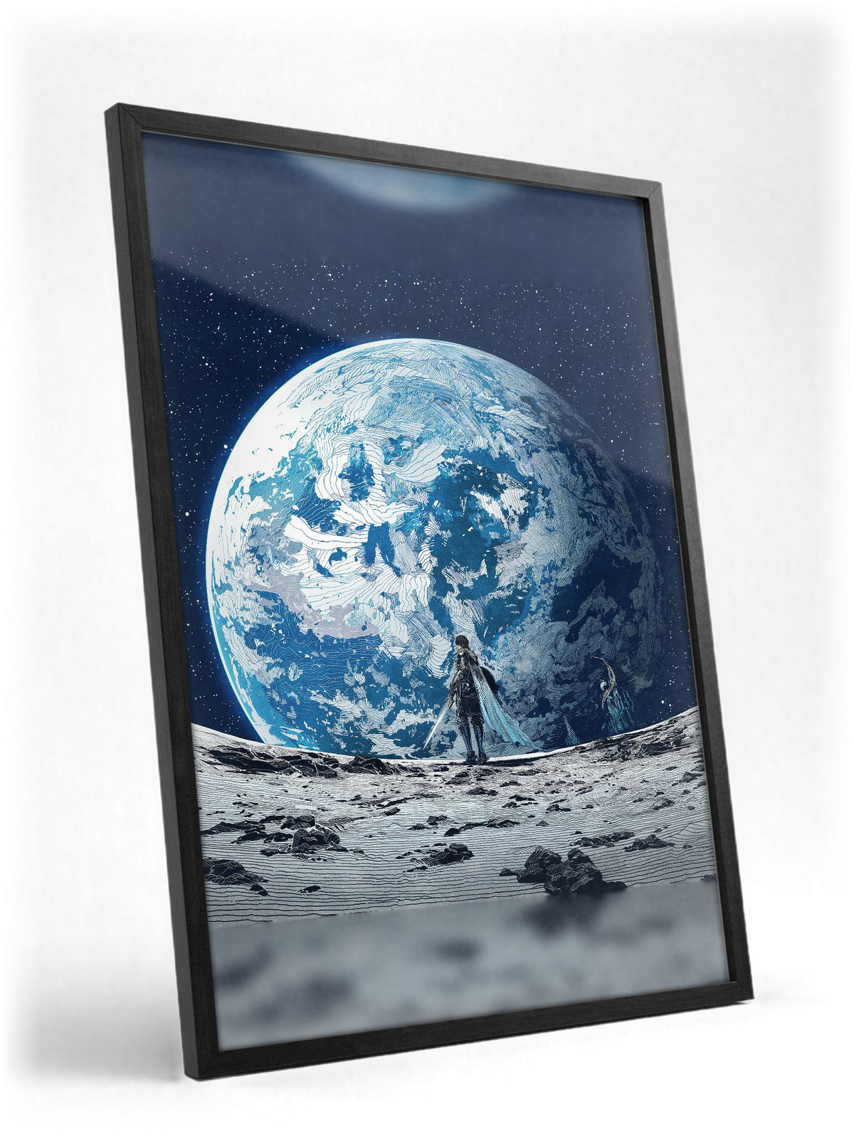 Final Fantasy XIV Endwalker Vinyl Single Art poster in a black frame with glass leaning against a wall (vertical)