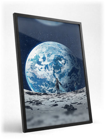 Final Fantasy XIV Endwalker Vinyl Single Art poster in a black frame with glass leaning against a wall (vertical)