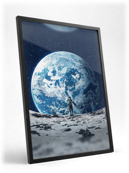 Final Fantasy XIV Endwalker Vinyl Single Art poster in a black frame with glass leaning against a wall (vertical)
