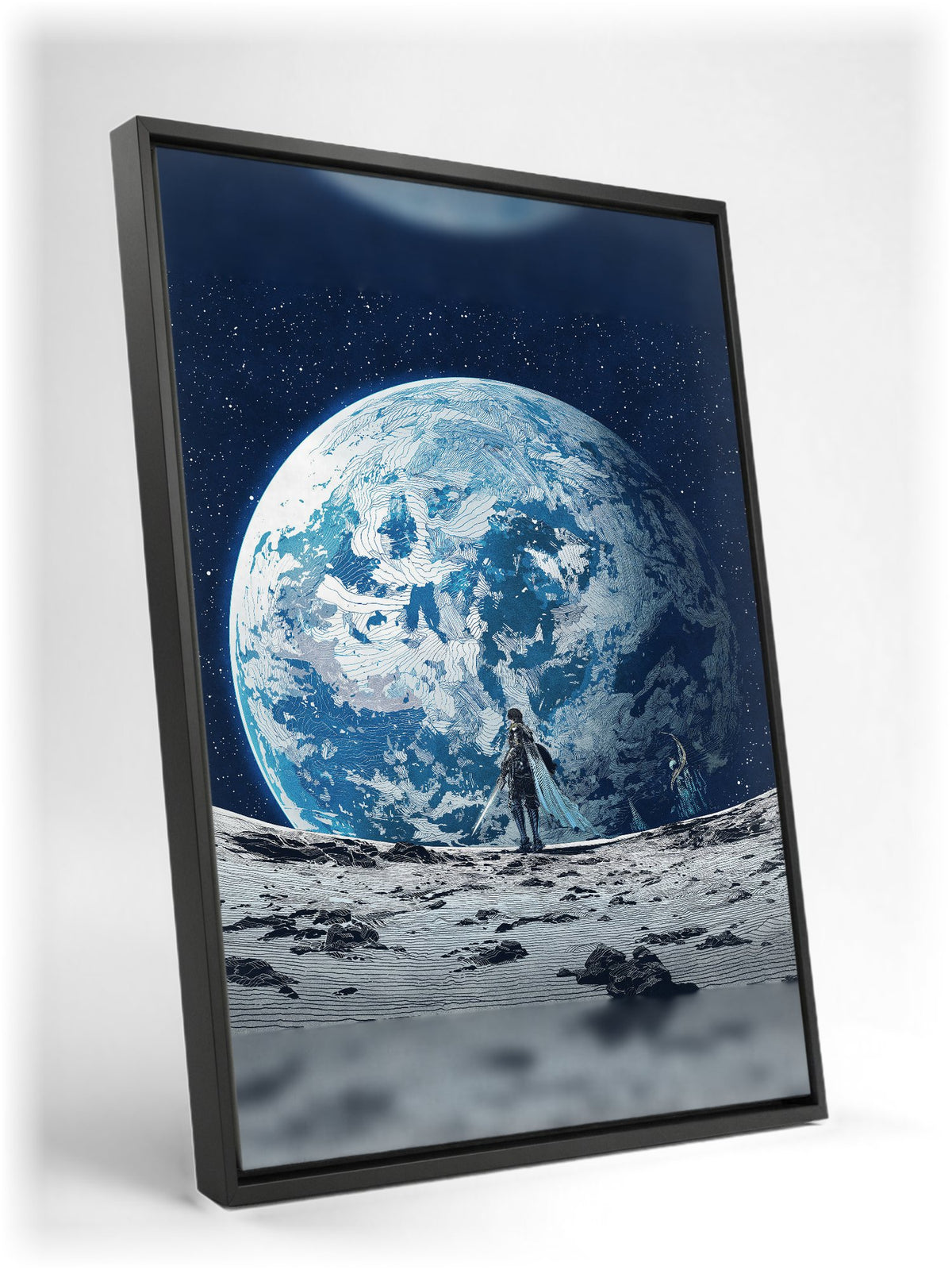 Final Fantasy XIV Endwalker Vinyl Single Art as a black floater framed canvas leaning against a wall (vertical)