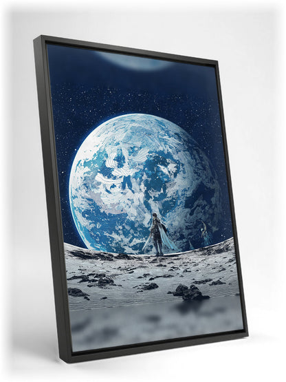 Final Fantasy XIV Endwalker Vinyl Single Art as a black floater framed canvas leaning against a wall (vertical)