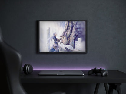 Final Fantasy XIV Heavensward Vinyl LP Art poster in a black frame above a gaming desk (horizontal)