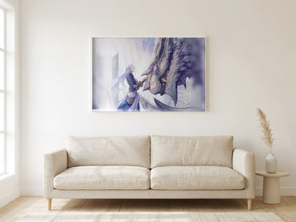 Final Fantasy XIV Heavensward Vinyl LP Art poster in a white frame in a living room (horizontal)