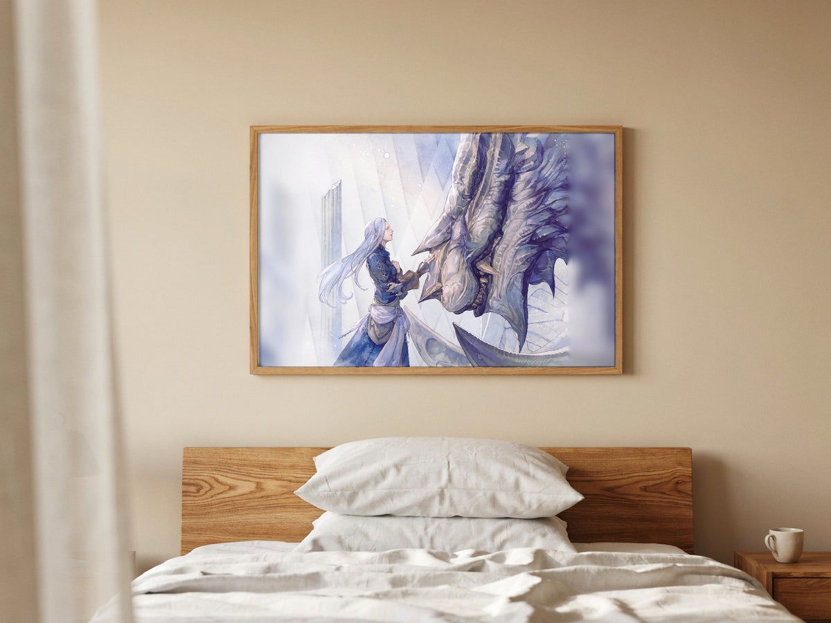Final Fantasy XIV Heavensward Vinyl LP Art poster in a natural oak frame above a bed (horizontal)