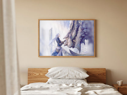 Final Fantasy XIV Heavensward Vinyl LP Art poster in a natural oak frame above a bed (horizontal)