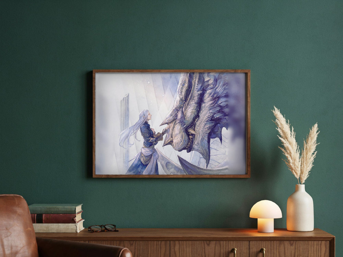 Final Fantasy XIV Heavensward Vinyl LP Art poster in a dark walnut frame in a green study (horizontal)