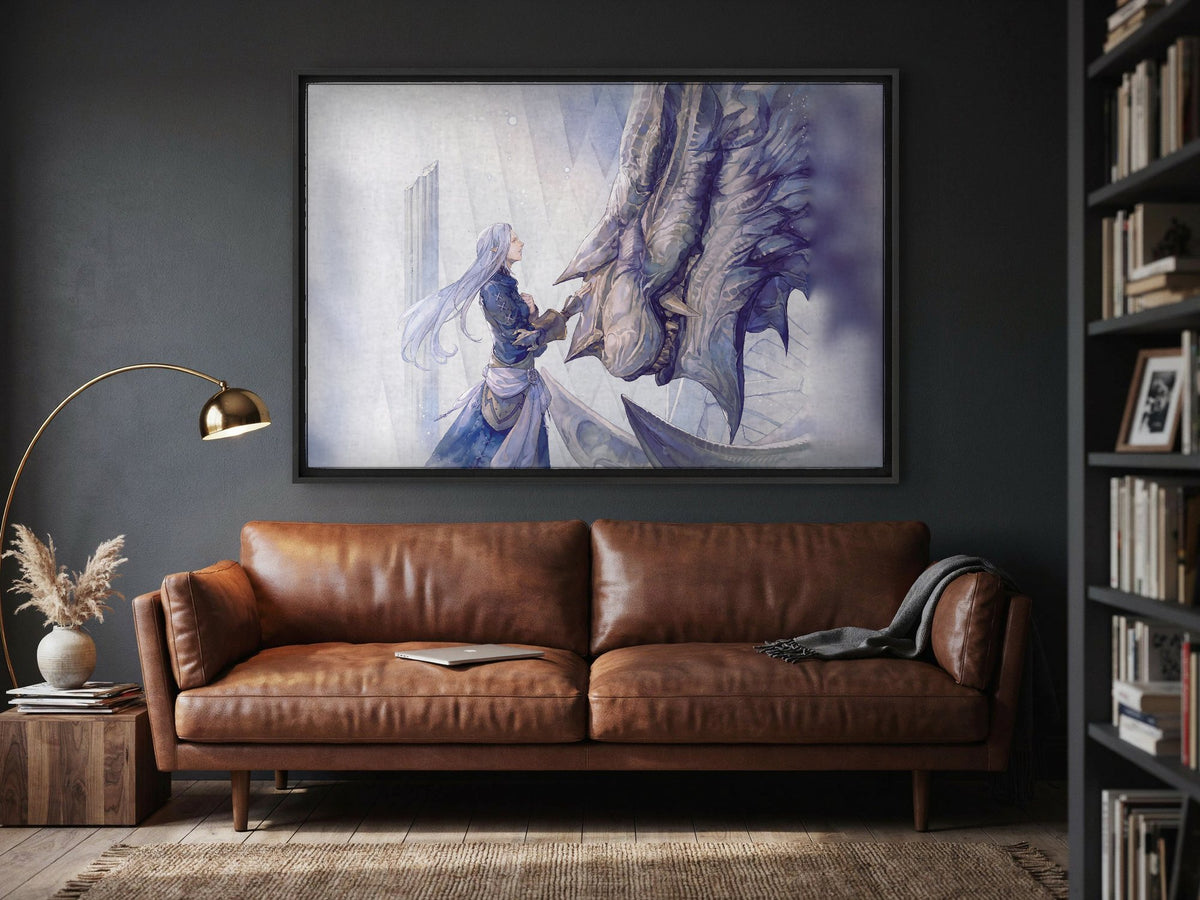 Final Fantasy XIV Heavensward Vinyl LP Art as a black floater framed canvas in a media room (horizontal)