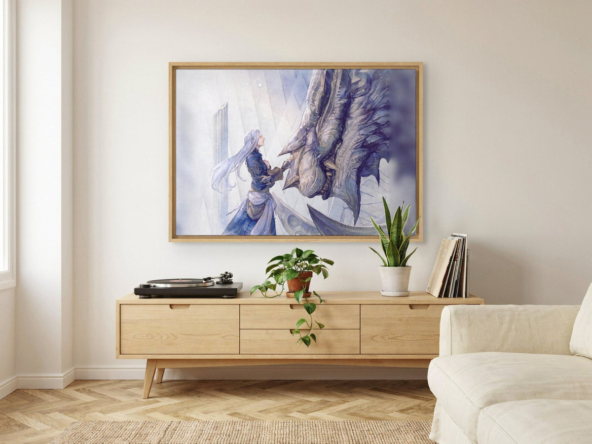 Final Fantasy XIV Heavensward Vinyl LP Art as an oak floater framed canvas in a Scandinavian lounge (horizontal)