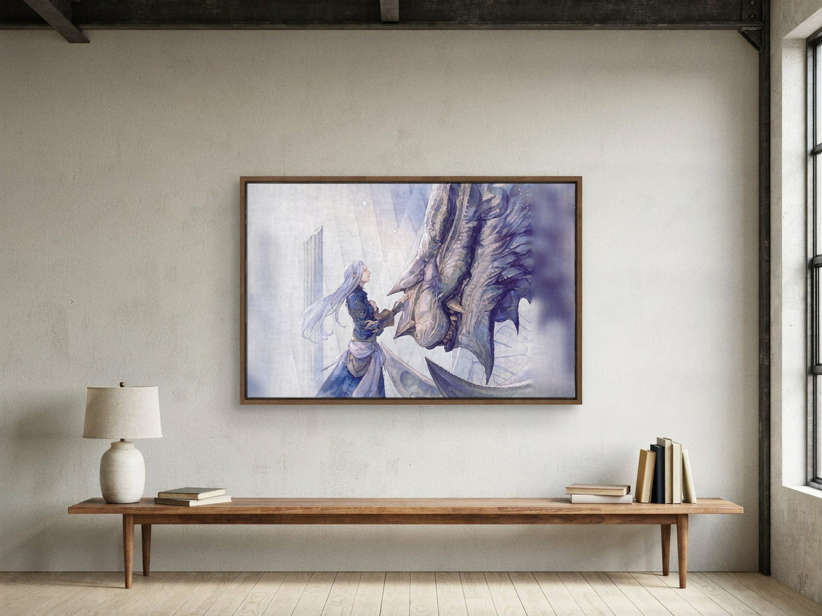 Final Fantasy XIV Heavensward Vinyl LP Art as a walnut floater framed canvas in a loft (horizontal)