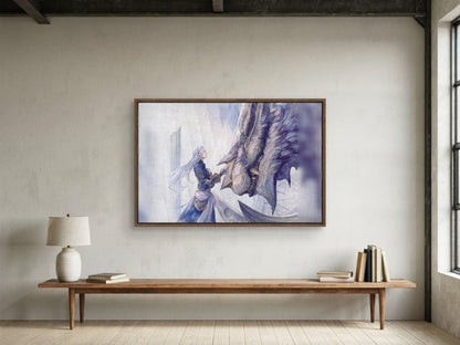 Final Fantasy XIV Heavensward Vinyl LP Art as a walnut floater framed canvas in a loft (horizontal)
