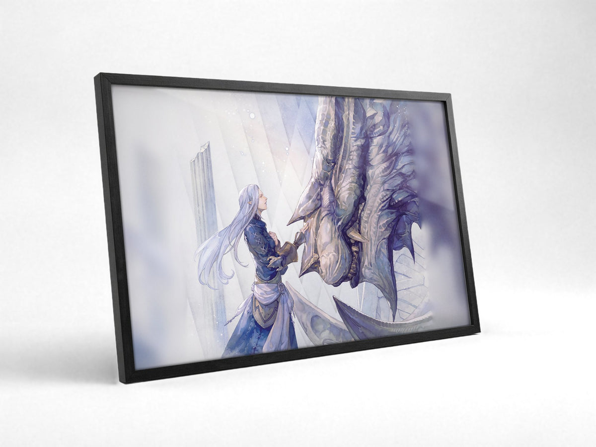 Final Fantasy XIV Heavensward Vinyl LP Art poster in a black frame with glass leaning against a wall (horizontal)