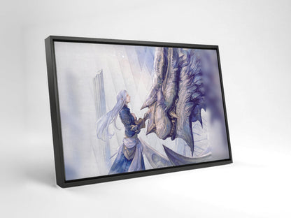 Final Fantasy XIV Heavensward Vinyl LP Art as a black floater framed canvas leaning against a wall (horizontal)